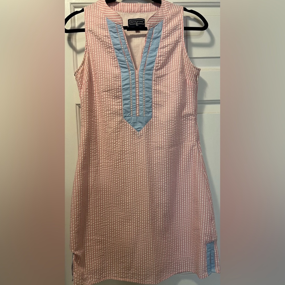 Duffield Lane Grand Dress in pink and white seersucker